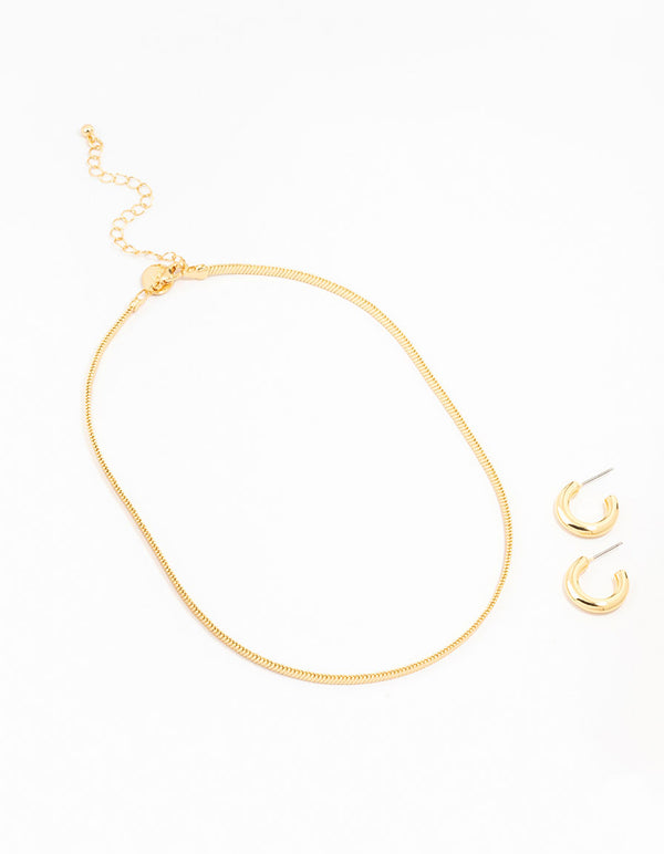 Gold Plated Round Hoop Earring & Herringbone Necklace Set