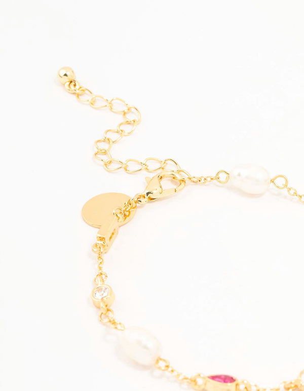 Gold Plated Pearl & Crystal Station Bracelet