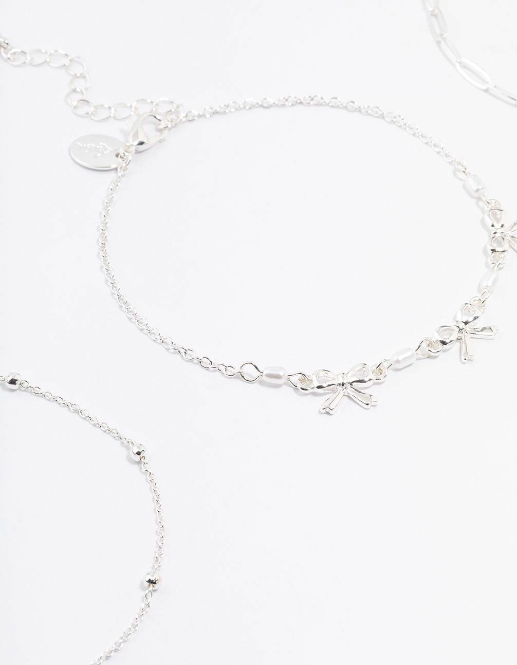 Silver Bow & Chain Mixed Anklets 3-Pack