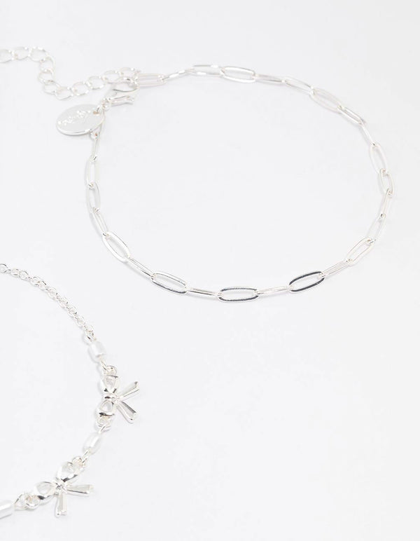 Silver Bow & Chain Mixed Anklets 3-Pack