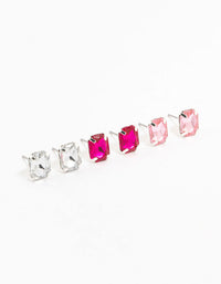 Silver Rectangular Diamante Stud Earrings 3-Pack - link has visual effect only