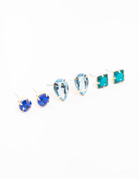 Blue Square, Pear & Circle Gold Stud Earrings 3-Pack - link has visual effect only