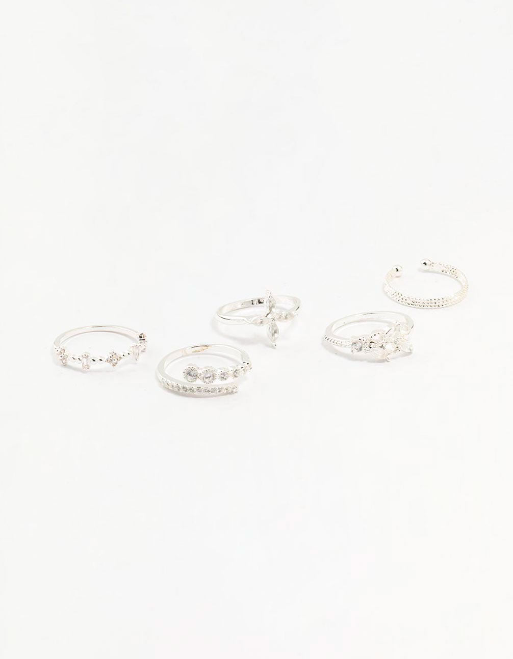 Featuring leafy mixed rings 5-pack with floral details crafted from cubic zirconia in gold plated finish front view