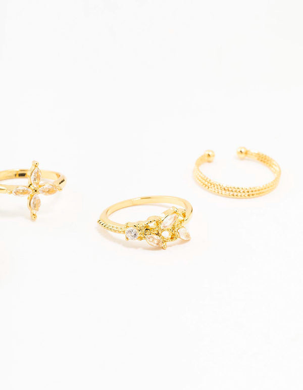 Gold Plated Cubic Zirconia Leafy Mixed Rings 5-Pack