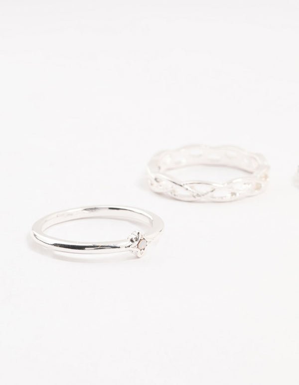 Silver Stone & Braided Rings 4-Pack