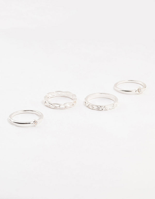 Silver Stone & Braided Rings 4-Pack