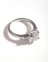 Elegant silver cubic zirconia round stone band ring highlighting prong setting and metal band close up view - link has visual effect only
