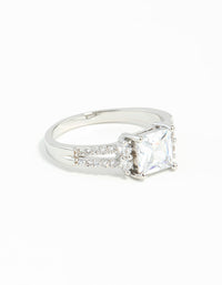 Showcasing a silver cubic zirconia square stone ring featuring prong setting and split band front view - link has visual effect only