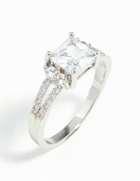Elegant silver cubic zirconia square stone ring with princess cut center and pave accents side detail view - link has visual effect only