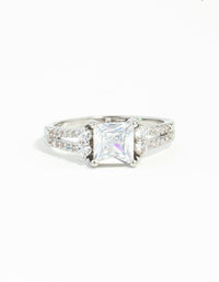 Beautiful silver cubic zirconia square stone ring with split shank and clear crystals close up view - link has visual effect only