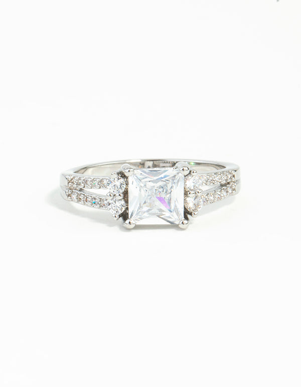 Beautiful silver cubic zirconia square stone ring with split shank and clear crystals close up view