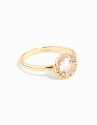 Elegant gold cubic zirconia circle stone surround ring with halo setting side detail view - link has visual effect only