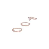 Elegant rose gold cubic zirconia 3 band ring stack featuring heart detail front view - link has visual effect only