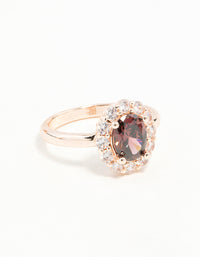 Beautifully crafted rose gold pink stone engagement ring with statement design front view - link has visual effect only