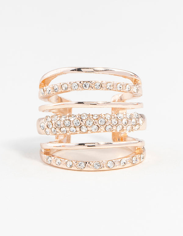 Crafted with rose gold six layered diamante band ring in statement style close up view