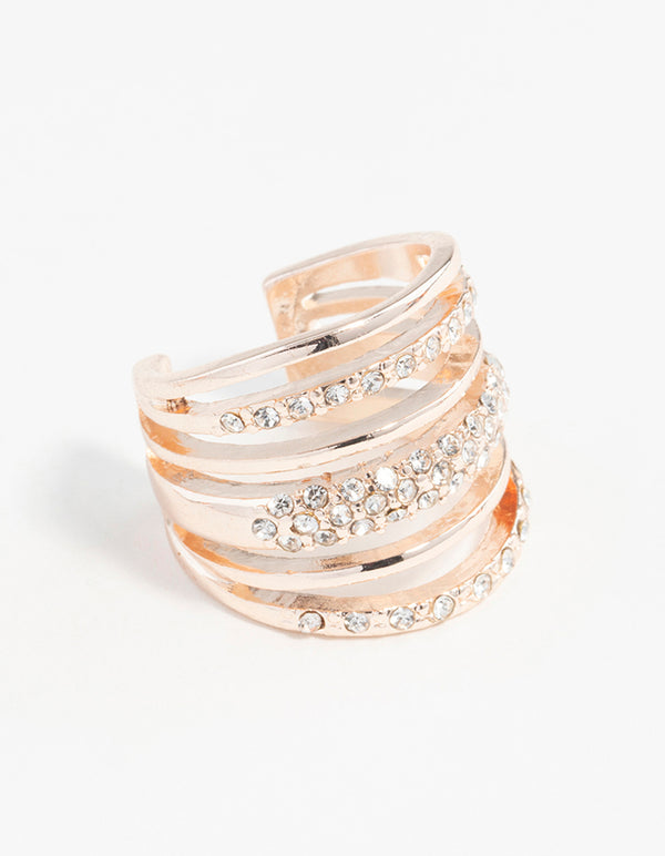 Showcasing a rose gold six layered diamante band ring with statement styling front view