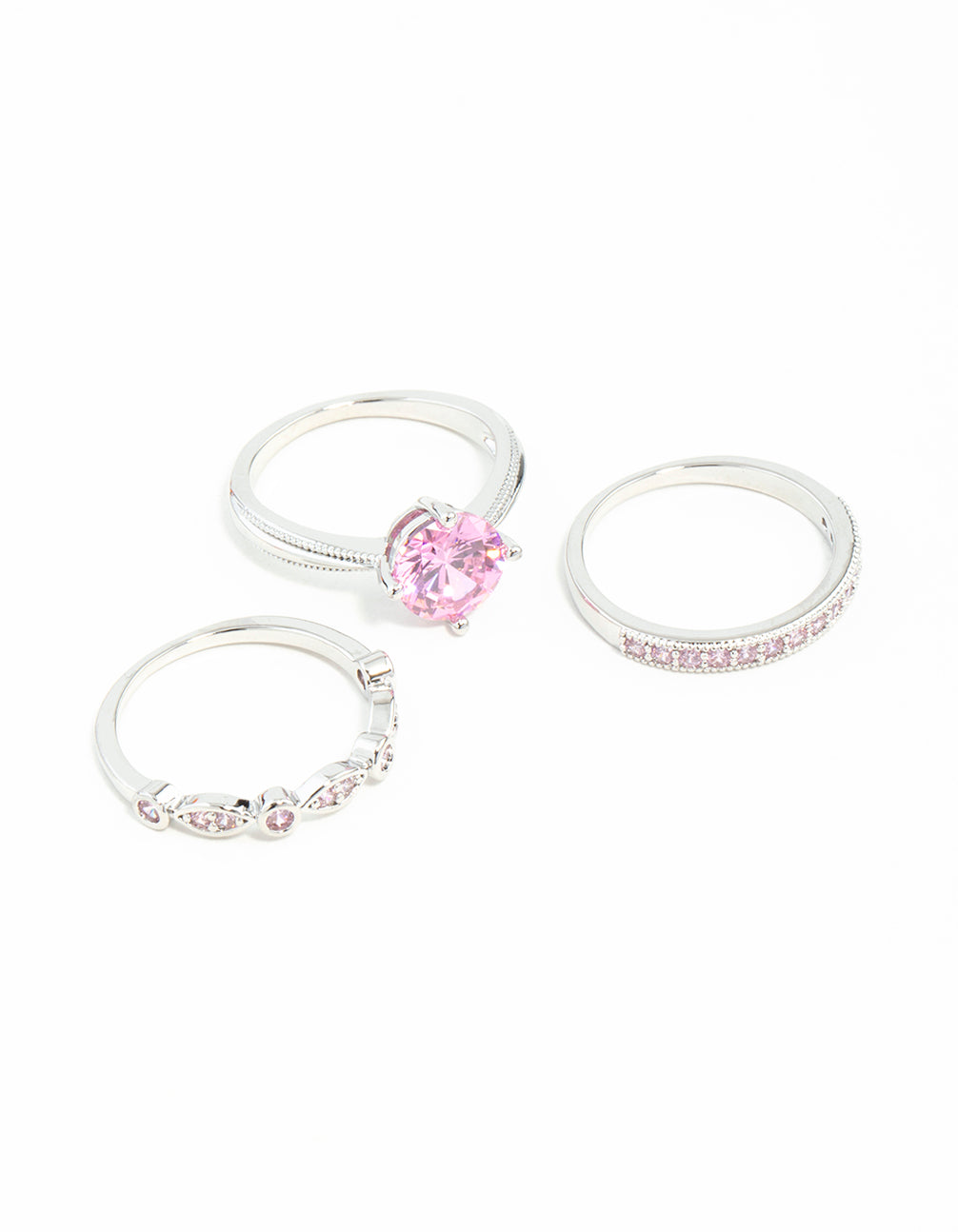 Featuring cubic zirconia rings in silver with pink and lavender accents front view