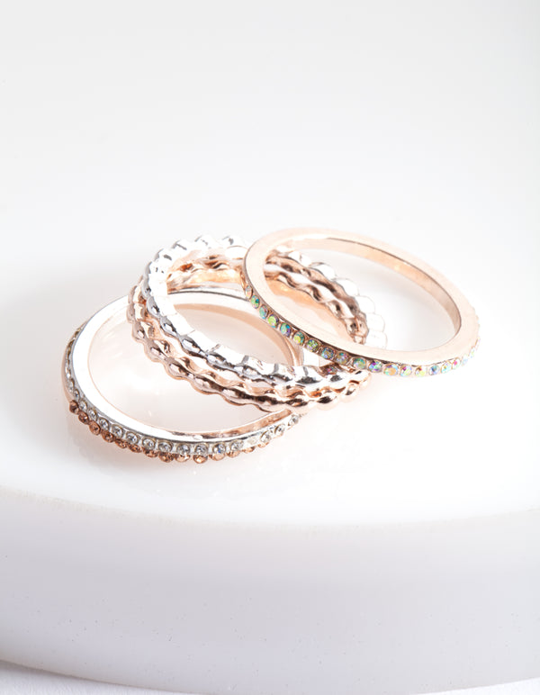 Featuring a mixed metal fine diamante ring 5-pack with textured bands and embellished details side detail view