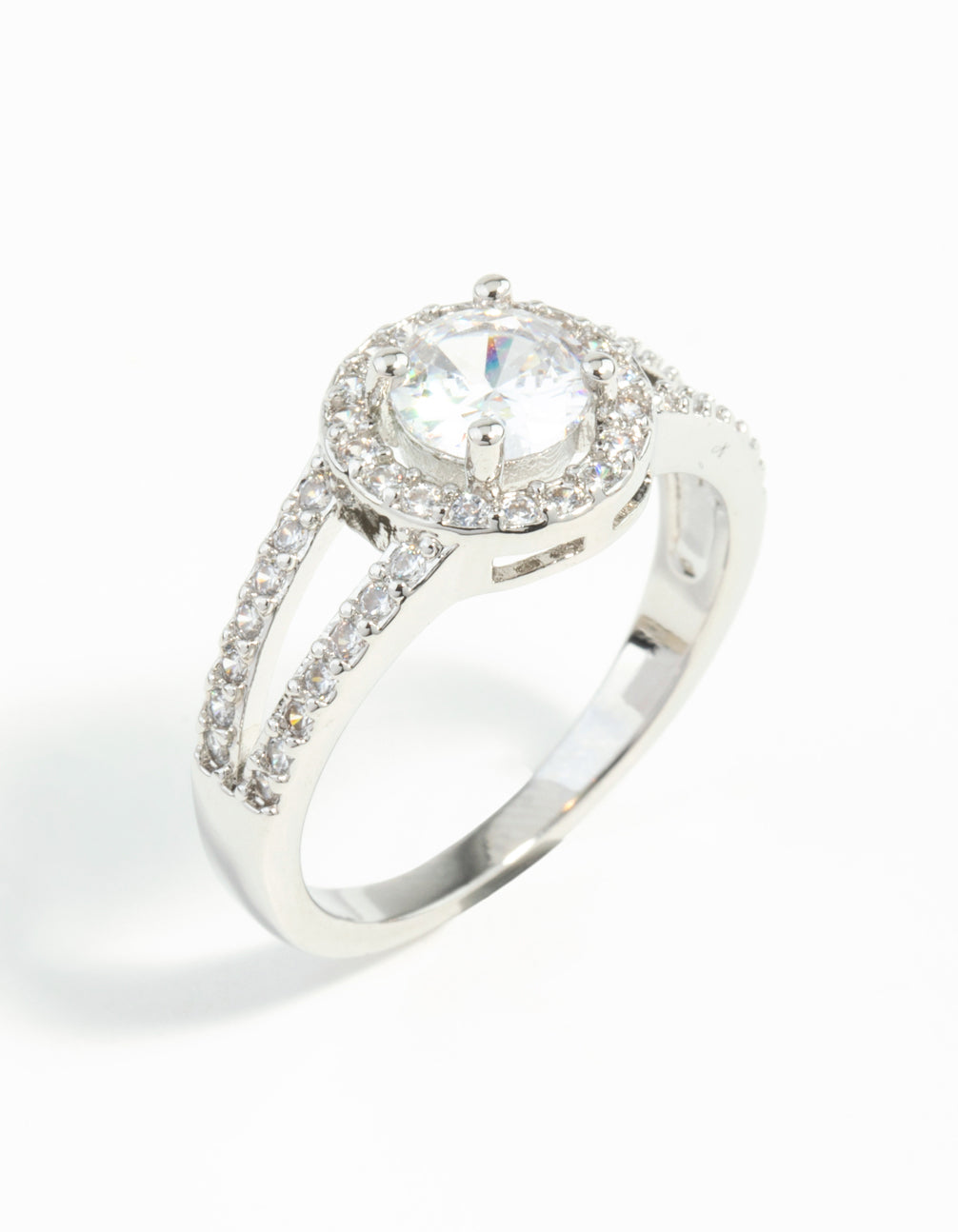 Designed with silver plated material, this cubic zirconia halo ring in clear side detail view
