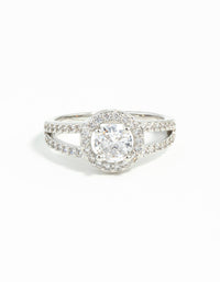 This silver plated cubic zirconia halo ring in clear showcases elegant craftsmanship close up view - link has visual effect only