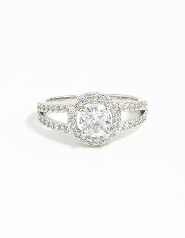 This silver plated cubic zirconia halo ring in clear showcases elegant craftsmanship close up view