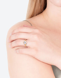 Elegant gold plated round cubic zirconia ring worn on finger showcasing clear details on finger view - link has visual effect only