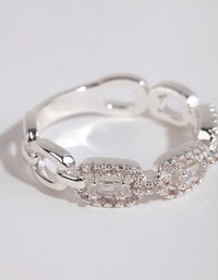 Showcasing the silver plated cubic zirconia chain ring with in white close up view - link has visual effect only