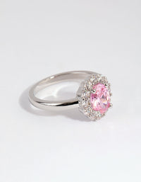 Showcasing a silver pink cubic zirconia oval ring with light halo setting front view - link has visual effect only