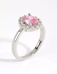 Featuring a silver pink cubic zirconia oval ring with light halo setting side detail view - link has visual effect only
