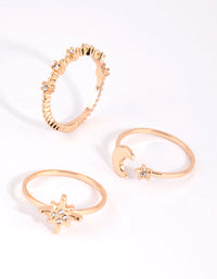 Crafted from gold with celestial star accents in a 3-pack stacking rings side detail view - link has visual effect only