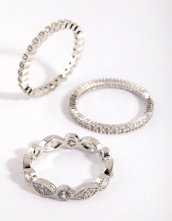 Designed with silver oval and circle cubic zirconia ring pack side detail view