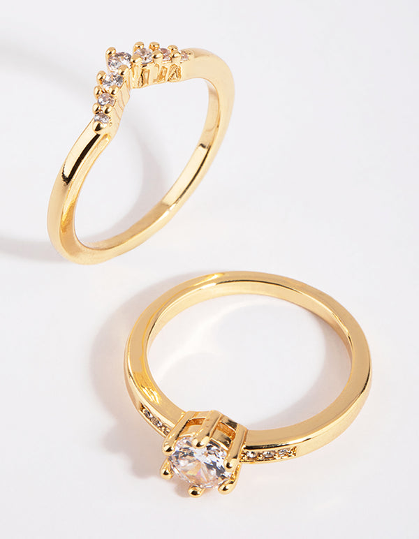 Elegant gold plated engagement style ring set with cubic zirconia side detail view