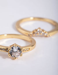 Stunning gold plated engagement style ring set with cubic zirconia close up view - link has visual effect only