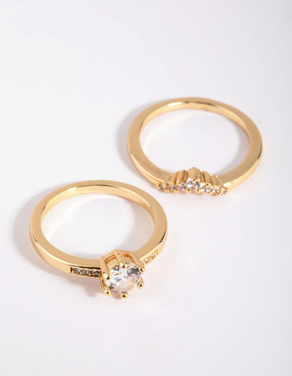 Showcasing a gold plated engagement style ring set with cubic zirconia front view