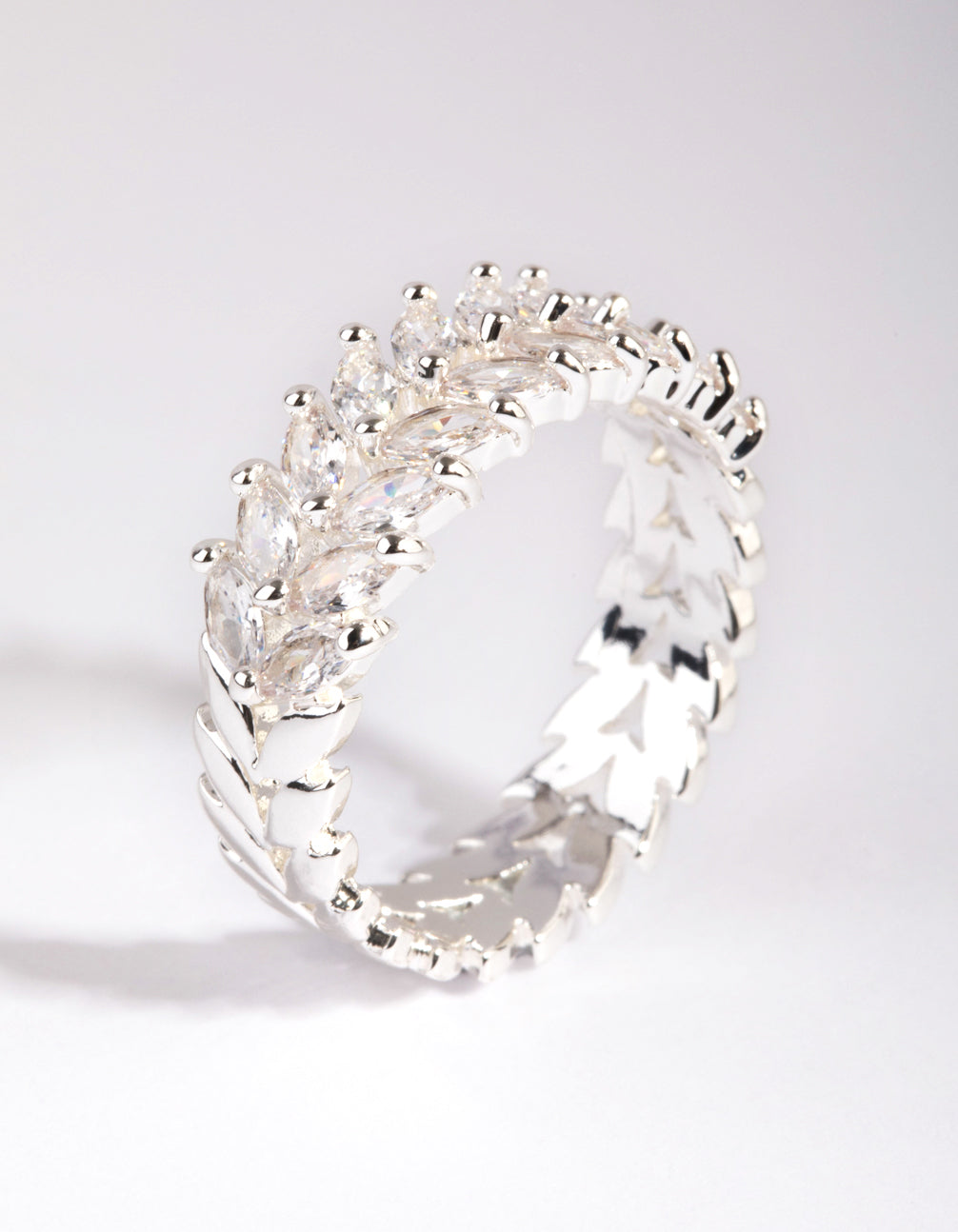 Exquisitely designed silver plated cubic zirconia navette ring close up view