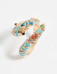Featuring a gold snake ring with turquoise enamel and multicolored gemstones in a coiled design side detail view - link has visual effect only
