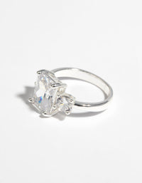 Presenting a statement cubic zirconia engagement ring in silver close up view - link has visual effect only