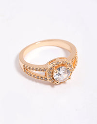 Showcasing a gold plated cubic zirconia halo ring with crystal accents and split band front view - link has visual effect only