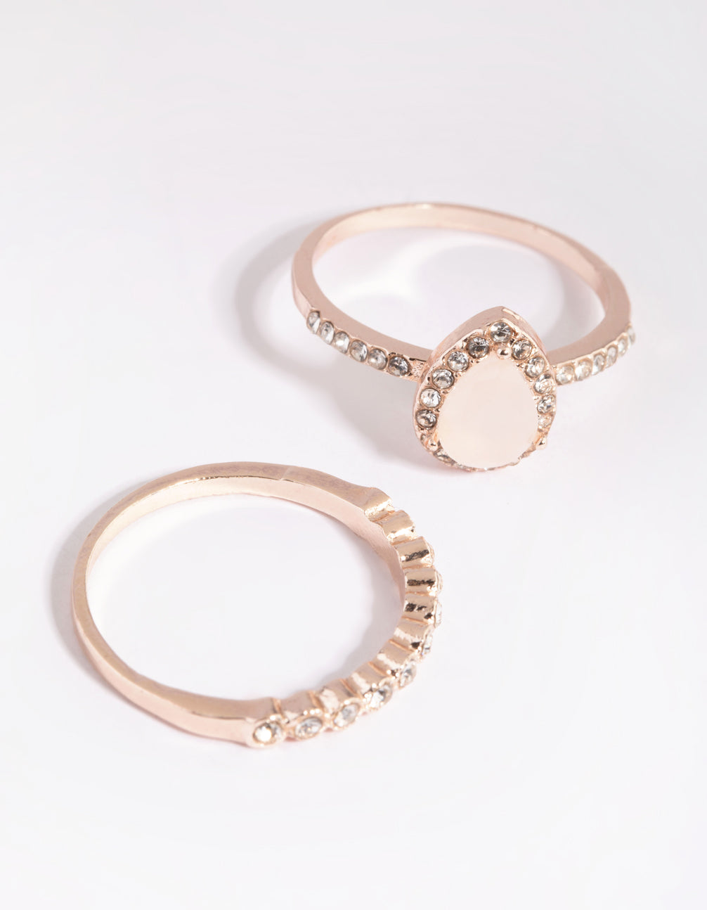 Beautifully crafted rose gold cat eye ring stack pack displaying band details close up view