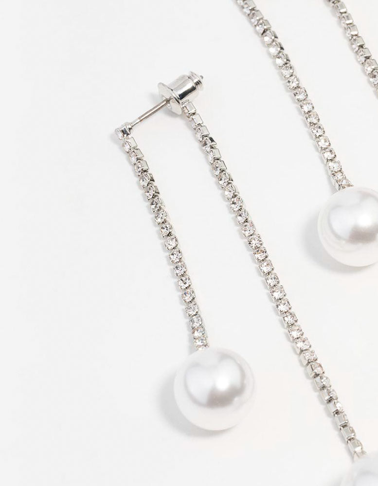 Silver Double Diamante Pearl Drop Earrings