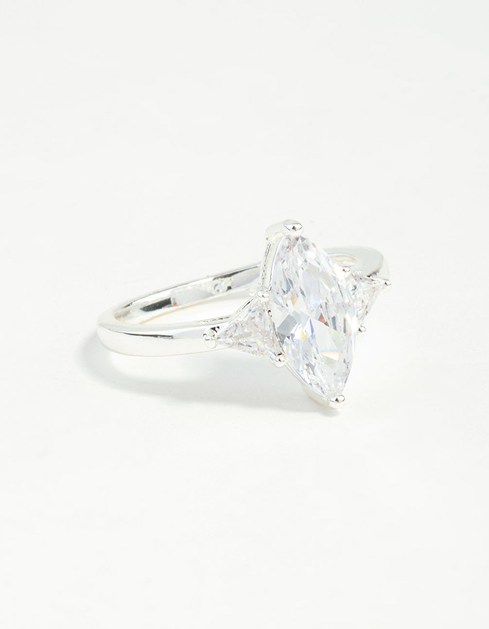 Elegant silver plated precious marquise ring featuring cubic zirconia in side detail view