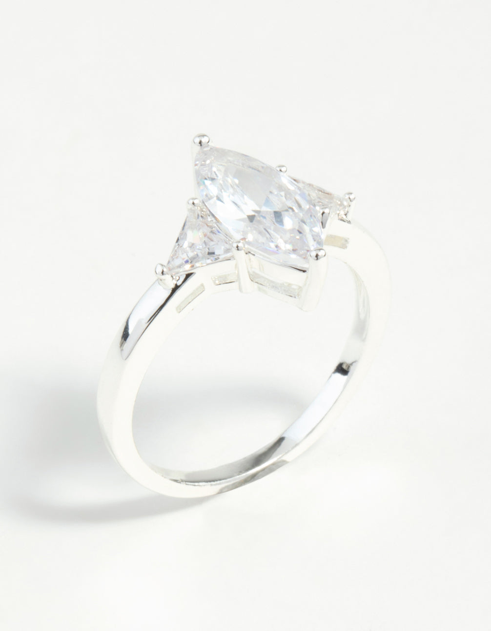 Beautiful silver plated precious marquise ring with cubic zirconia in close up view