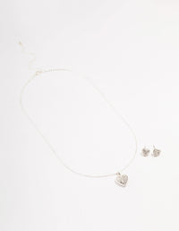 Silver Diamante Heart Necklace & Stud Earrings Set - link has visual effect only