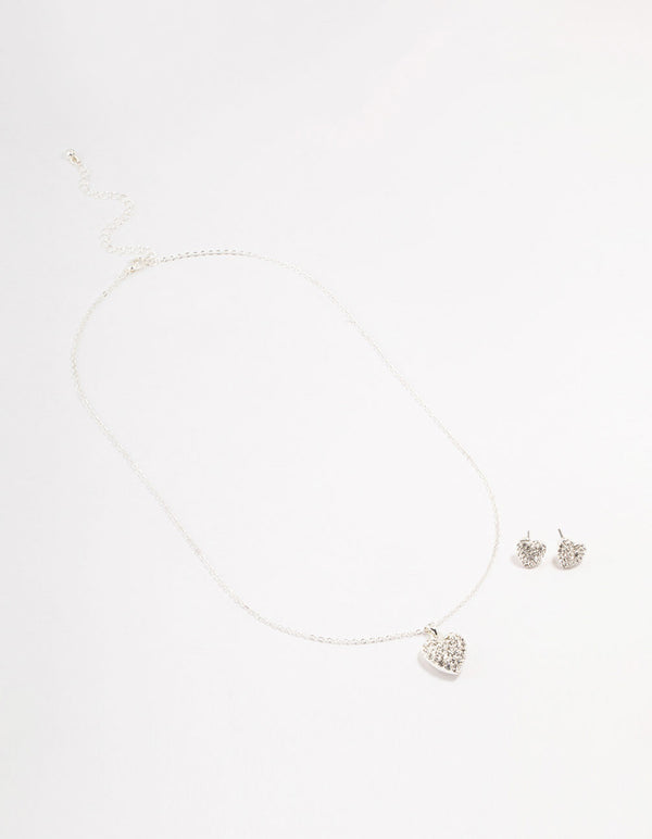 Silver Diamante Heart Necklace & Stud Earrings Set