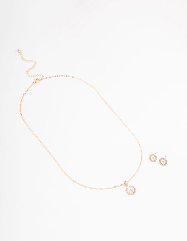 Gold Diamante & Pearl Halo Necklace & Stud Earrings Set