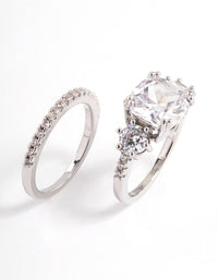 Elegant triple stone ring set crafted from silver with clear gemstones side detail view - link has visual effect only
