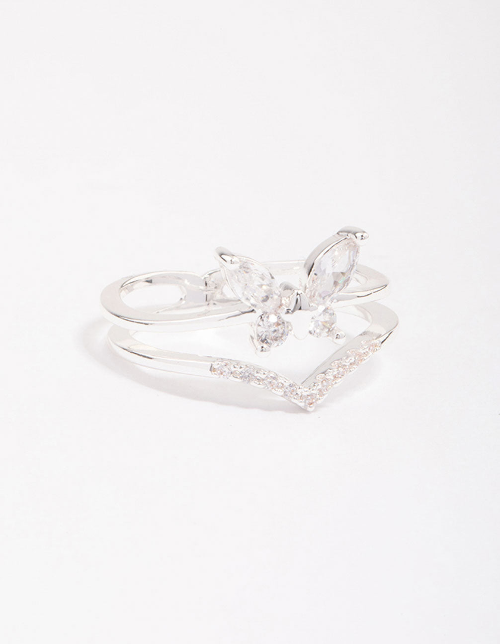 Beautifully crafted silver plated cubic zirconia butterfly double band ring front view