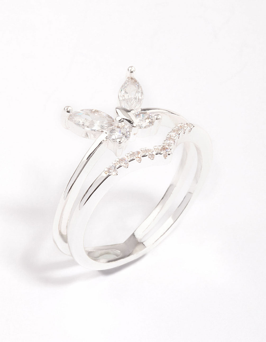 Elegantly designed silver plated cubic zirconia butterfly double band ring side detail view