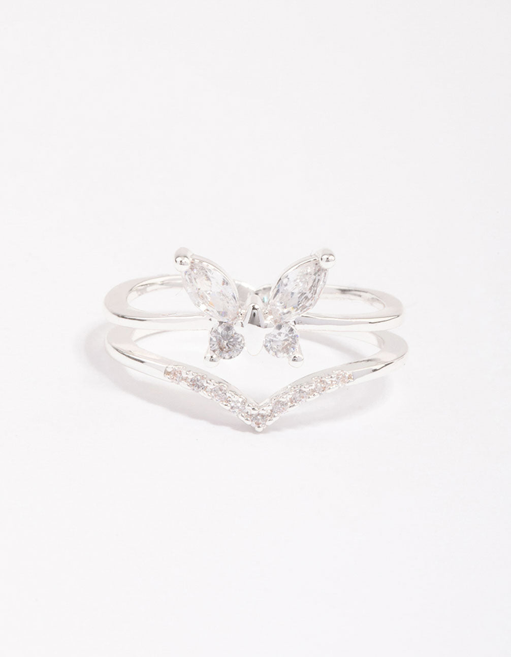 Stunning silver plated cubic zirconia butterfly double band ring close up view