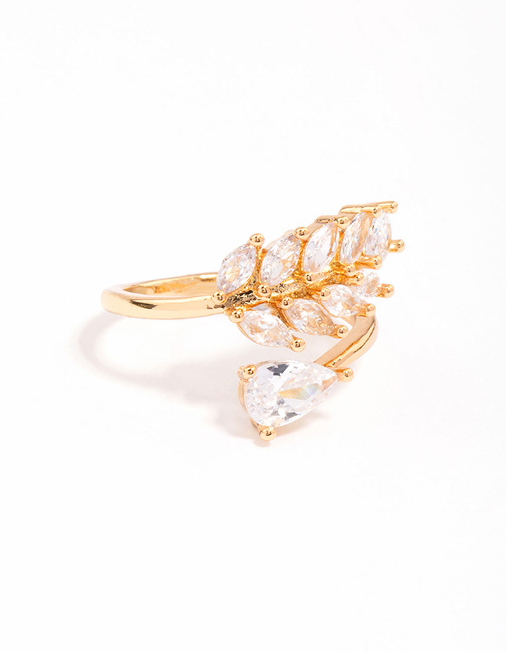 Elegant gold plated leafy pear crystal ring featuring cubic zirconia stones front view